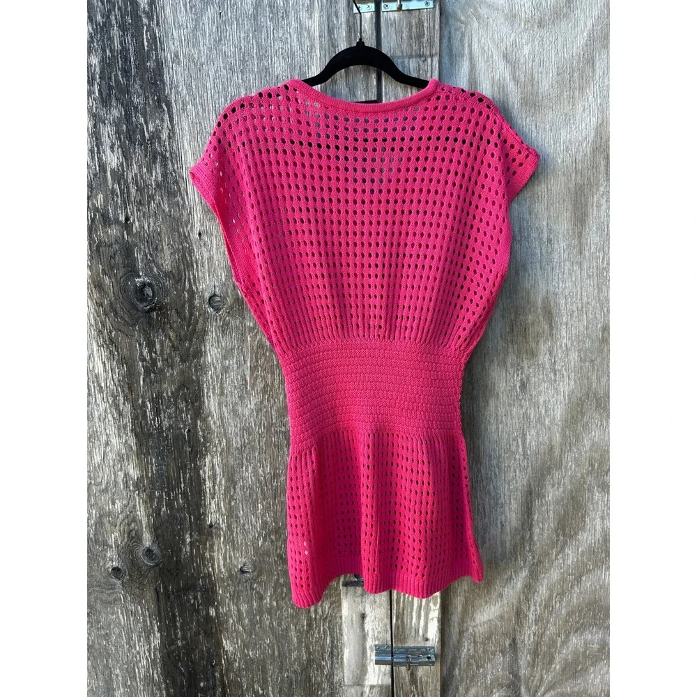 Cupshe Hot Pink Crochet Knit Swim Cover Up Dress Henley VNeck Small Beach Resort